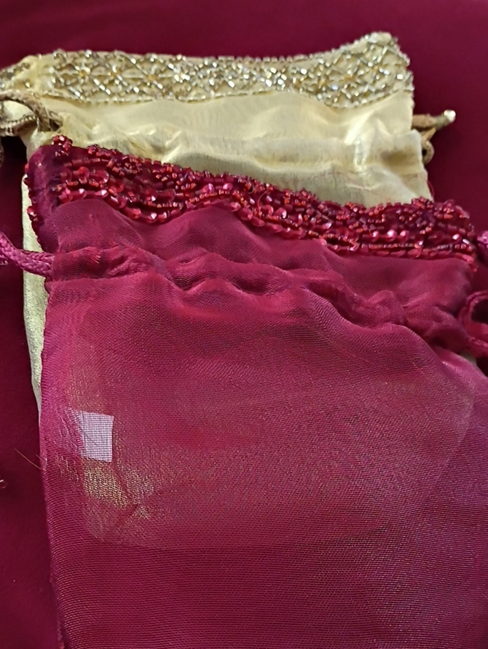Beaded Burgundy and Gold Drawstring Pouches